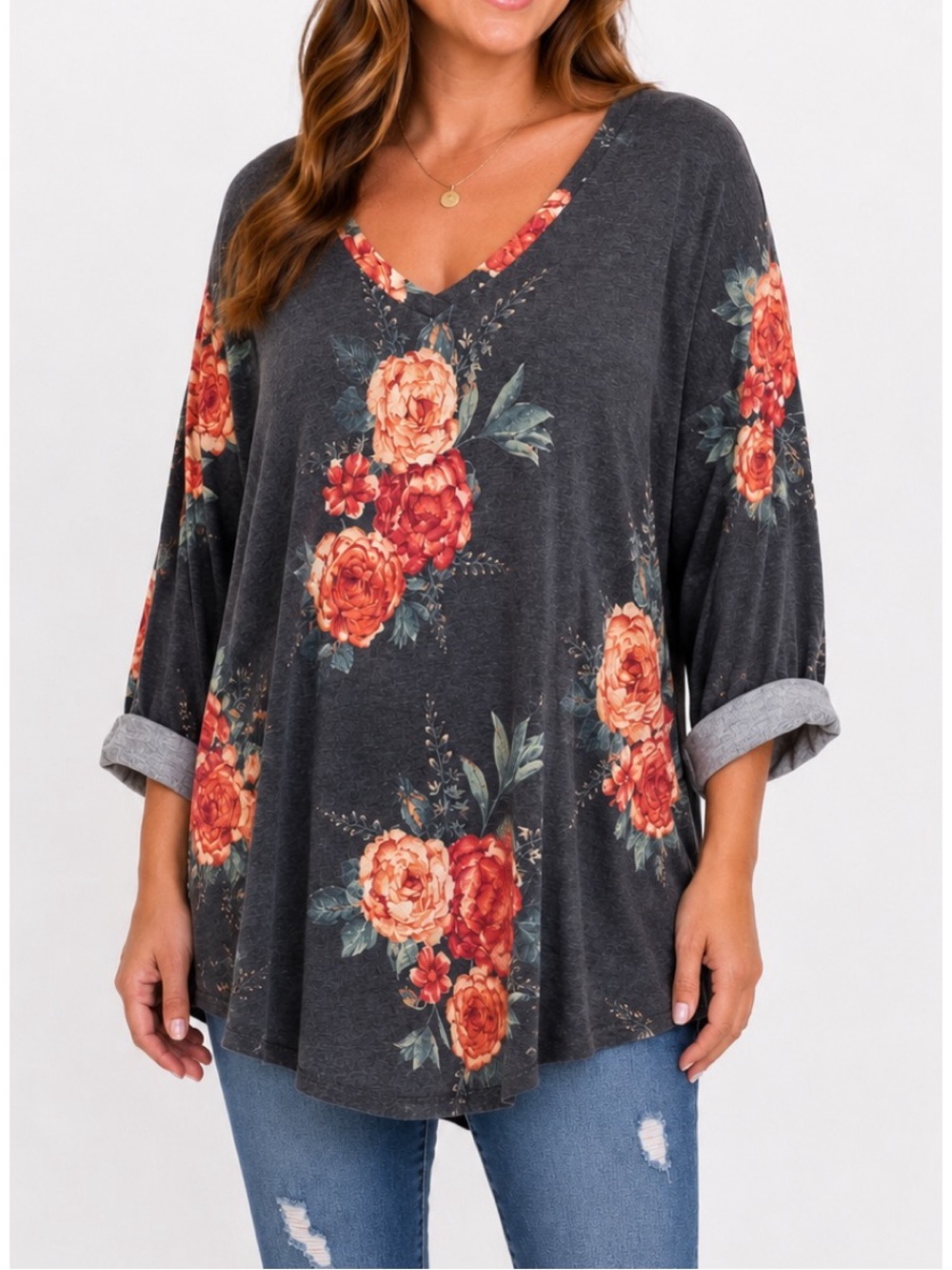Misia gray floral tunic top with 3/4 length, dolman-style sleeves, size 1x